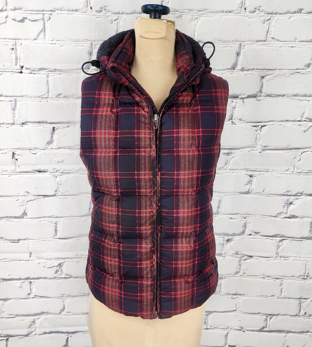 Patagonia Down With It Vest Women S Plaid Sherpa Lined Hooded Goose Down Warm